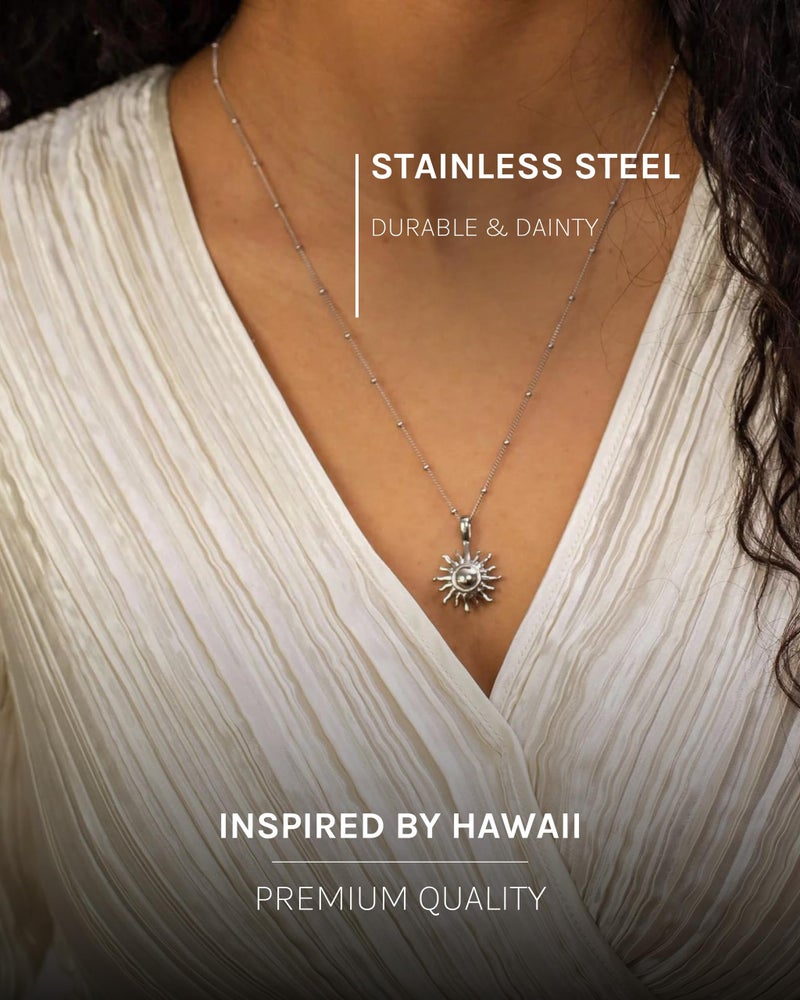 PureleiÂ® Sun Necklace: Waterproof & Adjustable, Chain with sun pendant, 20 to 22 inch adjustable length, 18K Gold plated stainless steel - silver - Image 3